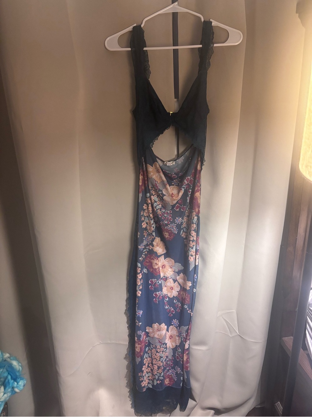 Floral Satin Slip Dress - Navy Blue